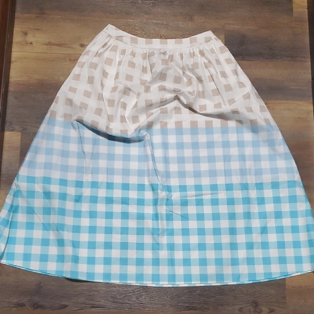 Ming Wang Tan Blue and White Checkered A-Line Pockets Midi Skirt